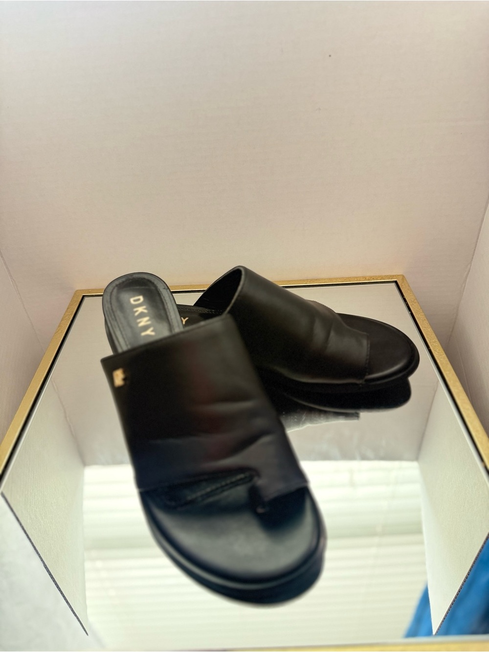 DKNY Black Leather Slip-On Mules with Gold Logo
